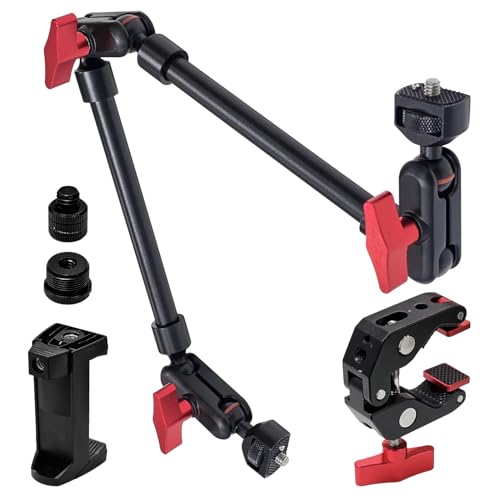 22" Magic Arm w Clamp Mount, Adjustable Overhead Phone Mount Stand, Articulating Friction Boom Arm w Thread Adapter for Webcam Tripod Light Video Rig Camera