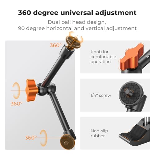 K&F CONCEPT 9.8" Magic Arm Clamp Kit with 1/4" & 3/8" Thread Screw | 360° Ball Heads Magic Arm with Tripod Mount Adapter for Gopro/LED Lights/Monitor/Flash/Microphone/DSLR Camera, MS32 - style: 9.8" with Adapter