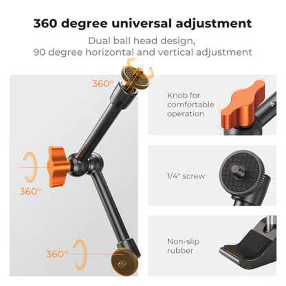 K&F CONCEPT 9.8" Magic Arm Clamp Kit with 1/4" & 3/8" Thread Screw | 360° Ball Heads Magic Arm with Tripod Mount Adapter for Gopro/LED Lights/Monitor/Flash/Microphone/DSLR Camera, MS32 - style: 9.8" with Adapter
