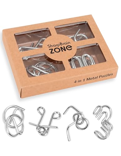 4-in-1 Classic Metal Puzzle Set by Sharp Brain Zone – Durable Brainteasers, Mechanical Logic Games, Brain Training Challenges, Travel Puzzles & Smart Gift - style: Classic