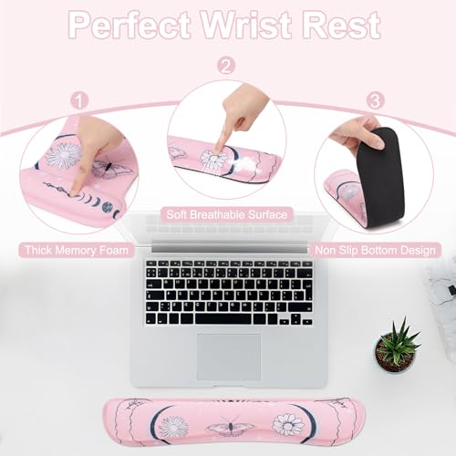 MEGREZ 4-in-1 Mouse Pad with Wrist Rest Ergonomic Memory Foam Desk Mat Set | ergonomic, anti-slip base, 4pcs set, desk pad, mouse wrist rest, keyboard rest, coaster, ideal for office & gaming - color: Cherry Blossom Pink