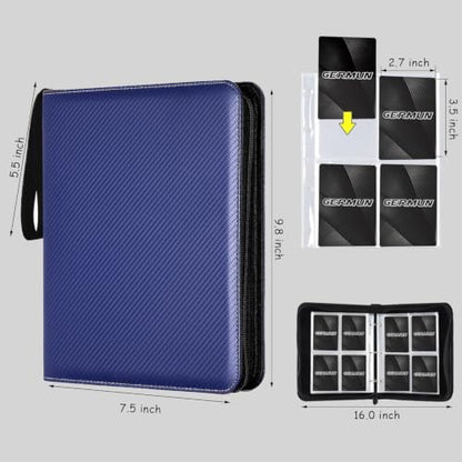 GERMUN 4 Pocket Card Binder, Premium Zip Trading Card Binder, 400 Double Sided Pocket PU Card Collection Binder, Collector Card Album, Card Folder for MTG, TCG, Sports Cards, Game Cards (Dark Blue) - color: 4 Pocket 400 Carbon Dark Blue