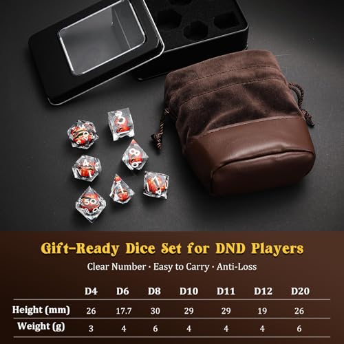 MoKo Liquid Core DND Dice Set 7PCS, Clear + Silver | Sharp Edge Resin Polyhedral, D20 D12 D10 D8 D6 D4 D%, Compatible with Dungeons and Dragons RPG, Gift Box Included - color: 1 - Clear + Sliver