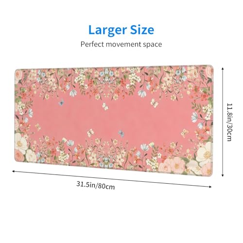 Large Gaming Mouse Pad Desk Mat, Pink Girly Floral Extended Keyboard Mouse Pad Mousepad with Non-Slip Base and Stitched Edge Mouse Mat Desk Pad Mouse Pads for Desk Home Office, 31.5 x 11.8 - color: Girly Floral Pink