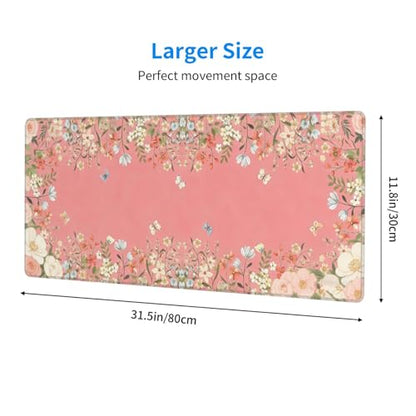 Large Gaming Mouse Pad Desk Mat, Pink Girly Floral Extended Keyboard Mouse Pad Mousepad with Non-Slip Base and Stitched Edge Mouse Mat Desk Pad Mouse Pads for Desk Home Office, 31.5 x 11.8 - color: Girly Floral Pink