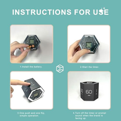 Hexagon Flip Timer, Kitchen Timer for Cooking, Various Time Presets, LCD Digital Display, Magnetic Suction, Mute Alarm Modes, Practical Gift Ideal for Study, Office, Gym, Kitchen, etc. (Black)