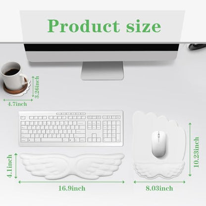Angel Wing Wrist Rest Set, Ergonomic Keyboard Mouse Wrist Support Memory Foam Cushion Hand Support，Cute Wrist Rest Pu Leather Surface Non-Slip Base for Office, Gaming, Work(3Pcs, White)
