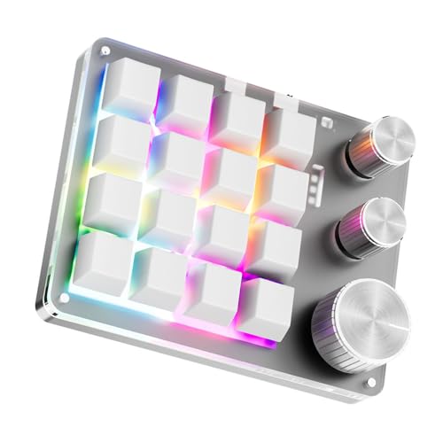 Programmable Macro Keyboard, 16 Keys 3 Knob Mini Mechanical Gaming Keypad Multifunctional Macropad with USB Wired Bluetooth Mode Volume Controller (White) - color: White