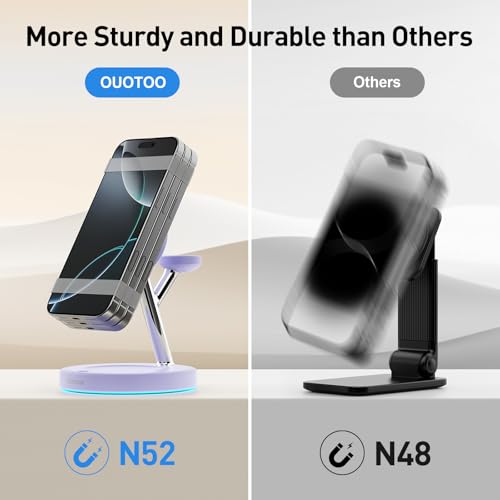 【Adjustable Blue Ambient Light】 Wireless Charger 3 in 1 for iPhone, Magnetic Charging Station for Apple Family,15W Fast MagSafe Charger Stand,for iPhone17-12-iWatch AirPods Series - color: Purple