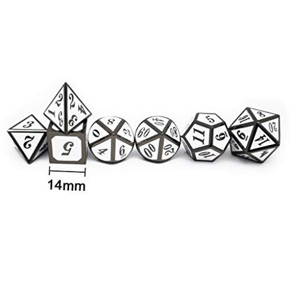 Haxtec 7 Die DND Metal Dice Set D&D 7PCS DND Dice of D20 D12 D10 D8 D6 D4 Compatible with Dungeons and Dragons RPG Games-Glossy Enamel Dice (Black White) - color: Black White