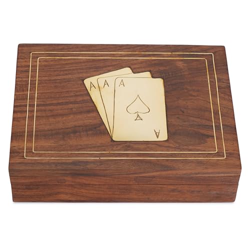 Ajuny Wooden Playing Card Box Brass Inlay Double Deck Set - 6x4.5x1.6 Inch | Poker and Bridge Accessory for Game Nights Travel and Entertaining Thoughtful Anniversary Wedding or Housewarming Present