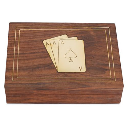 Ajuny Wooden Playing Card Box Brass Inlay Double Deck Set - 6x4.5x1.6 Inch | Poker and Bridge Accessory for Game Nights Travel and Entertaining Thoughtful Anniversary Wedding or Housewarming Present