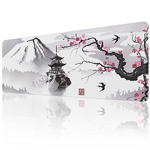 ETZ Japanese Cherry Blossom Mouse Pad XL, 31.5x11.8 | Sakura Pink Floral Art, Stitched Edges, Non-Slip Rubber Base, Large Desk Mat, Smooth Tracking, Waterproof, 3mm Thick - color: Ink Drawing Mouse Pad - 1