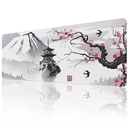ETZ Japanese Cherry Blossom Mouse Pad XL, 31.5x11.8 | Sakura Pink Floral Art, Stitched Edges, Non-Slip Rubber Base, Large Desk Mat, Smooth Tracking, Waterproof, 3mm Thick - color: Ink Drawing Mouse Pad - 1