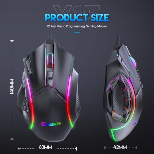 RGB Wired Gaming Mouse with High-Precision 12,800 DPI Adjustment, Customizable RGB Lighting, 12 Programmable Buttons, Ergonomic Comfort Grip Design,for Windows Computer Gamer