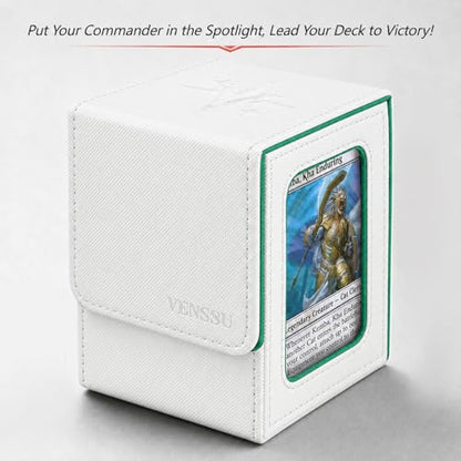 MTG Deck Box with Commander Display Window (White&Green, 1 window) | Holds 120 Single/100 Double-Sleeved Cards, Fit MTG/PTCG/OPTCG Cards, Strong Magnet, PU Leather, With 2 Dividers & 1 Toploader - color: White and Green