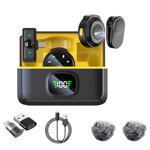 2 Pack Wireless Lavalier Microphone for iPhone 15/16/17 Android, USB C, ipad with Adapter Included, Noise Cancellation Mini Lapel Mic for Tiktok YouTube, Recording, Vlog, Facebook Live Streaming - color: Yellow