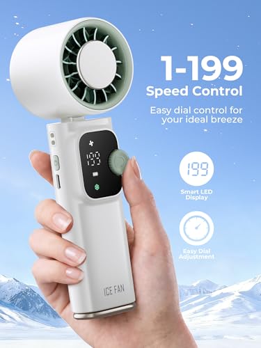 Portable Handheld Turbo Fan with Cooling Plate, 1-199 Speeds, LED Display | 4000mAh USB-C rechargeable battery, 15000 RPM motor, neck and desk modes for travel, office and camping - color: white