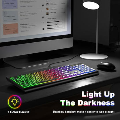 Atelus Large Print Backlit Keyboard, USB Wired Computer Keyboard, Full Size Keyboard with Rainbow Illuminated LED Compatible for Windows Desktop, Laptop, PC, Gaming, Black - color: Black-Rainbow Light