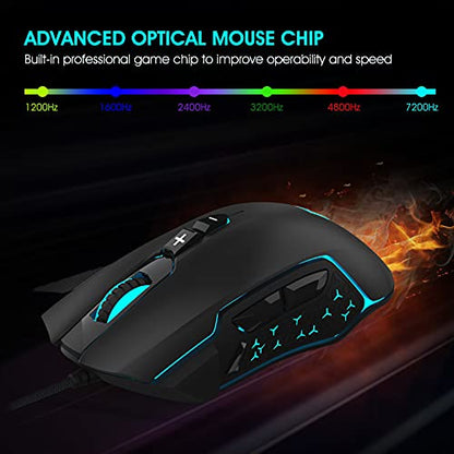 LeadsaiL Gaming Mouse Wired RGB PC Gaming Mice, 7200 DPI, 8 Programmable Buttons, 6 Color Backlight, Ergonomic Optical Computer Mouse for Desktop PC Laptop Gamer & Work