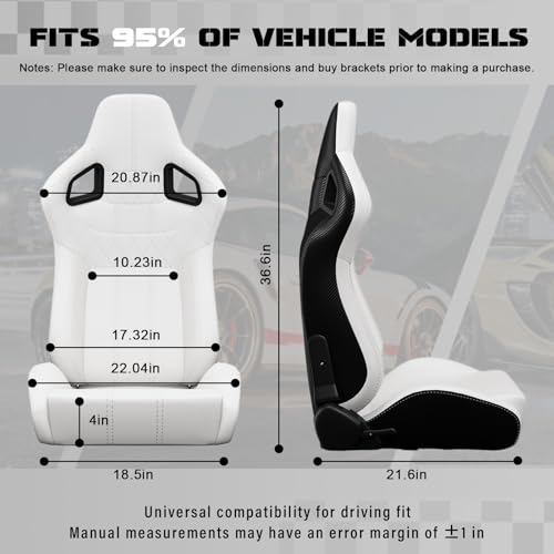 2 Pcs Adjustable Universal Racing Seats with Double Sliders, Reclinable Bucket Seats, 1 Pair of Sport Seats for Vehicles (White) - color: White