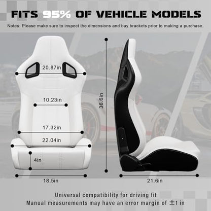 2 Pcs Adjustable Universal Racing Seats with Double Sliders, Reclinable Bucket Seats, 1 Pair of Sport Seats for Vehicles (White) - color: White