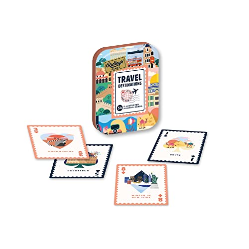 Ridley's Games: Travel Destinations Playing Cards | Full Deck of Cards with 54 Unique Travel Destinations | Travel Fun Facts on All Cards for Travel Lovers | Storage Tin Included - style: Travel Destinations Playing Cards