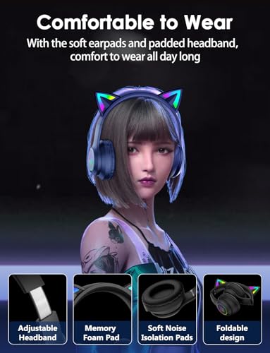 Cat Ear Bluetooth Headphones for Kids & Adults, 55H Play Time, Wireless Foldable & Wired Multi-Function LED Light Up Over Ear Headphones with Mic and Volume Control for iPhone/iPad/Laptop/PC - style: Adults-105dB-Black