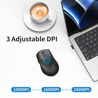Wireless Ergonomic Right Hand Computer Mouse for Medium & Large Hands | 2.4G Optical Cordless Mice with Side Buttons USB Receiver, Quiet Click, 1000/1600/2400 DPI, for Laptop PC Chromebook - Black