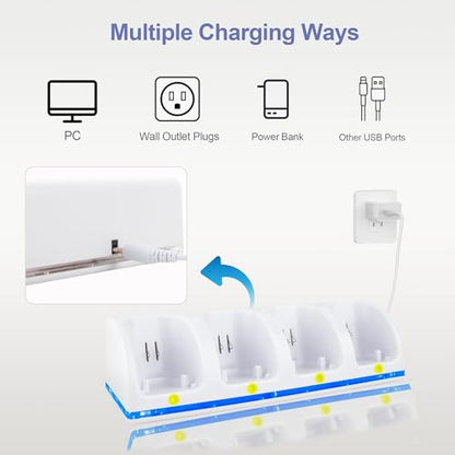 4 in 1 Wii Remote Charger,Charging Station with 4 Pack 2800mAh Rechargeable Battery,Plugs,USB Cable for Wii/Wii U Remote Controller (White) - color: White