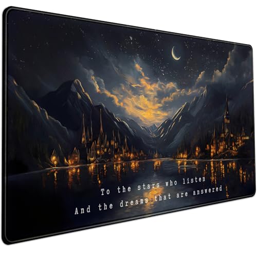 Starry Night Mountain Desk Pad Mat Moon Oil Painting XXL Black Mouse Pad for Gaming Deskpad, Aesthetic Moon and Stars Mousepad Xxl for Laptop Computer Mouse Game Keyboard Mat, 31.5 X 15.8 In - color: Night Castle