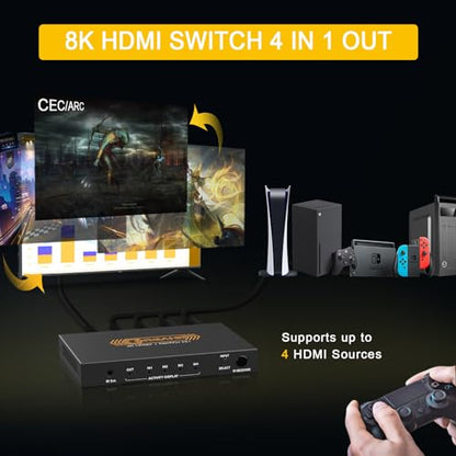 CORSAHD 8K@60Hz HDMI 2.1 Switch 4x1 4K 120Hz 48Gbps,HDCP 2.3,ARC,VRR,CEC,HDMI Switcher 4 in 1 Out,4 Port HDMI Selector,IR Remote,3D,HDR 10,Dolby Atmos,for TV,PS5,Xbox,Fire Stick,Roku,Blu Ray,Projector