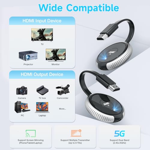 TIMBOOTECH Wireless HDMI Transmitter and Receiver 4K, Streaming Smooth Media Video/Audio 5G HDMI Wireless Extender for Laptop, Camera, Cable Box, DVD, Phone to Monitor, Projector, HDTV 165FT - color: Silver