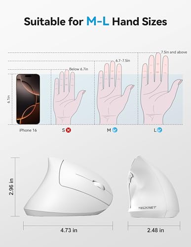 TECKNET Ergonomic Mouse Wireless, Rechargeable Vertical Mice Right Hand | Bluetooth+2.4GHz USB, Multi Device, 4800 DPI Adjustable, Optical Carpal Tunnel Mouse for Laptop, PC, Computer, MacBook, White - color: White