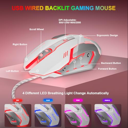 BlueFinger RGB Gaming Keyboard and Backlit Mouse Combo, USB Wired, LED Gaming Set for Laptop PC Computer Game and Work (Pink & White) - color: Pink & White