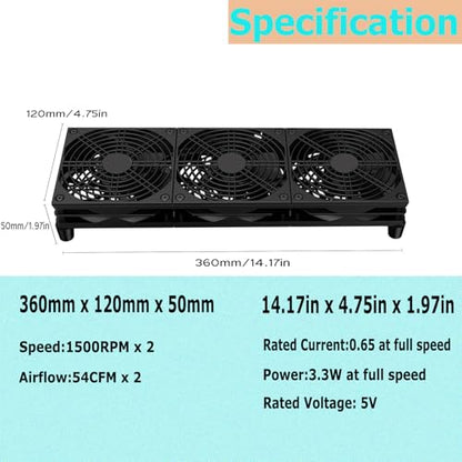 VTRETU Router Cooling Fan for Computer Cooler Audio Video Network Cabinet Server Cooling Project Equipment and Workstation DC 5V USB Power 120mm 360mm Fan with Switch - style: 360mm