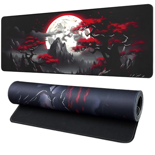 FreeNook Large Gaming Mouse Pad, Anime Black Mousepad with with Non-Slip Base, Expanded Cool Desk Mat, Mountain Moon Scenery XL Keyboard Mat Suitable for Home Office,31.5 X 11.8 Inch - color: Trees Mountains, size: 31.5L x 11.8W inches