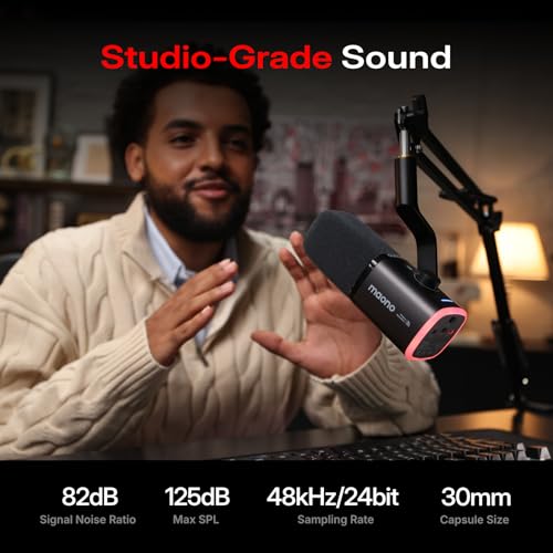 MAONO PD100W Wireless USB Dynamic Microphone, Gaming PC Mic with One-Click Noise Reduction,Mute Button,Custom RGB,3.5mm Headphone Jack,Software,Podcast Streaming Mic (Boom Arm(USB-C Receiver), Black) - color: Black