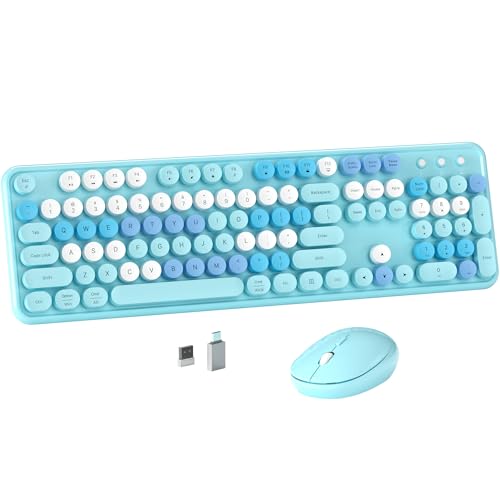 MPTOG Colorful Wireless Computer Keyboard and Mouse Combo (Blue-Colorful) | Retro Round Typewriter Keycaps, Power Switch, Ergonomic Design, 2.4GHz Wireless for Windows, Mac, PC - color: Blue-Colorful