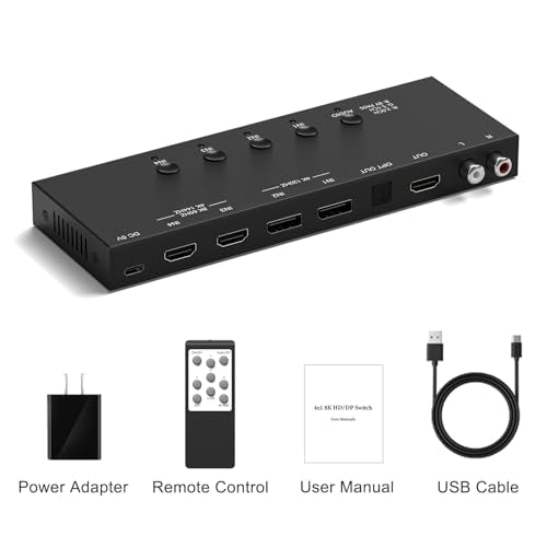 4Port HDMI Switcher 8K@60Hz (4In-4Out) 4* HDMI in-HDMI/Optical Digital Audio/Analog L/R Stereo Audio /3.5mm AUX Headphone Out- with Remote Remote Control and an Audio Power Button