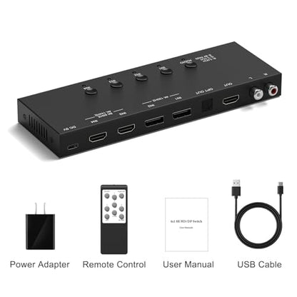 4Port HDMI Switcher 8K@60Hz (4In-4Out) 4* HDMI in-HDMI/Optical Digital Audio/Analog L/R Stereo Audio /3.5mm AUX Headphone Out- with Remote Remote Control and an Audio Power Button