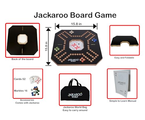 Jackaroo Board Game, 2-4 Player Jokers and Marbles Board Game, Solid Wooden Game with 16 Glass Marbles and 52 Cards, Marble Chase Game, Card and Marble Game, Foldable Board with Carry Bag (Black) - color: Black
