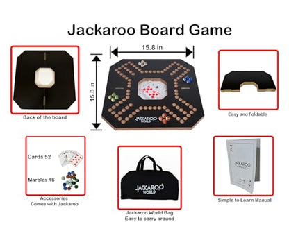 Jackaroo Board Game, 2-4 Player Jokers and Marbles Board Game, Solid Wooden Game with 16 Glass Marbles and 52 Cards, Marble Chase Game, Card and Marble Game, Foldable Board with Carry Bag (Black) - color: Black