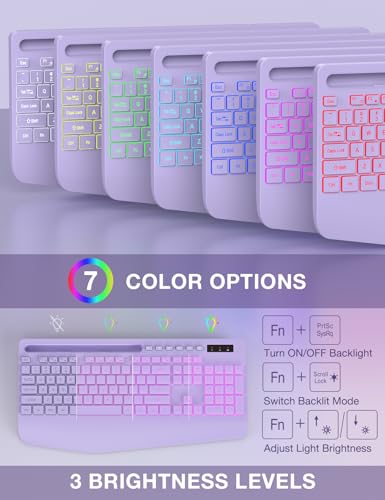 Wireless Keyboard and Mouse Combo, 9 Backlit Effects, RGB, 2.4GHz | Ergonomic Wrist Rest, Phone Holder, Rechargeable, Full Size, KM22 MAX Silent Set for Computer, Laptop, Mac, Windows (Purple) - color: Lavender Purple