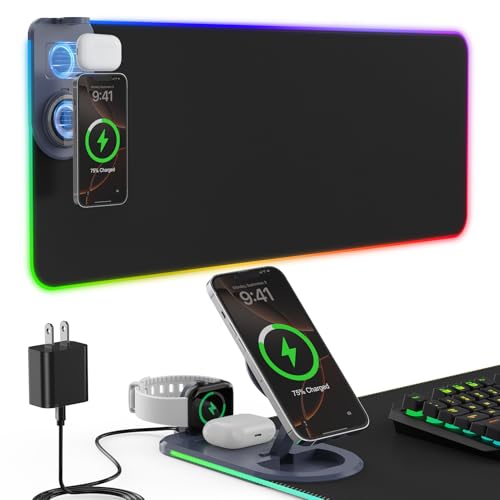 15W Wireless Charging Mouse Pad with Phone Holder&20W Power Adapter, RGB Gaming Mouse Pad, 15 Lights Mode 31.5"x11.8" XXL Large Desk Pad,Ultra-Smooth Surface,Non-Slip Rubber Base