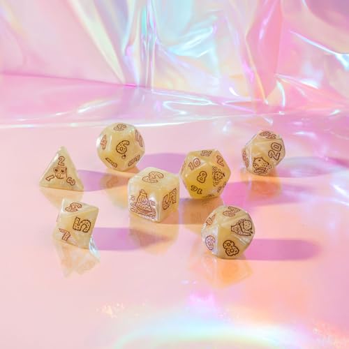 Q-Workshop Capybara Ornamented Dice Set Sleepie, Ages 14+ | RPG dice - 7 Piece Polyhedral Dice Set with Red Engraved Numbers, Cream Glitter Resin for DnD, Pathfinder & Tabletop