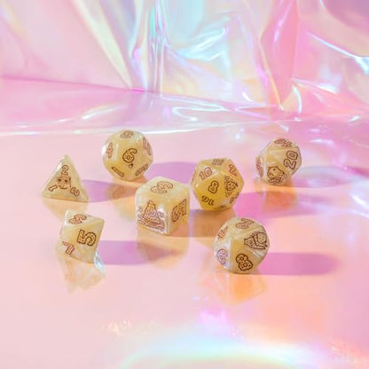 Q-Workshop Capybara Ornamented Dice Set Sleepie, Ages 14+ | RPG dice - 7 Piece Polyhedral Dice Set with Red Engraved Numbers, Cream Glitter Resin for DnD, Pathfinder & Tabletop