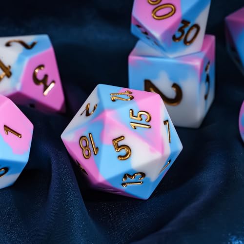 7-Piece Jumbo Silicone DND Dice Set, 25mm Oversized D&D Dice | Round Edges Soft Perfect Bouncer Compatible with Dungeons and Dragons RPG Bar Pub Club Party Games - color: Pink&white&blue
