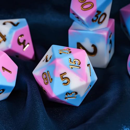 7-Piece Jumbo Silicone DND Dice Set, 25mm Oversized D&D Dice | Round Edges Soft Perfect Bouncer Compatible with Dungeons and Dragons RPG Bar Pub Club Party Games - color: Pink&white&blue