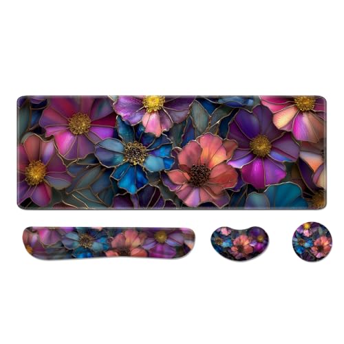 Desk Pad and Keyboard Wrist Rest, Large Mouse Pad + Keyboard Pad+Mouse Wrist Support, Non-Slip Desk Mat Protector for Office, Home 31.5×11.8 Inches Glass Flower - color: Glass Flower